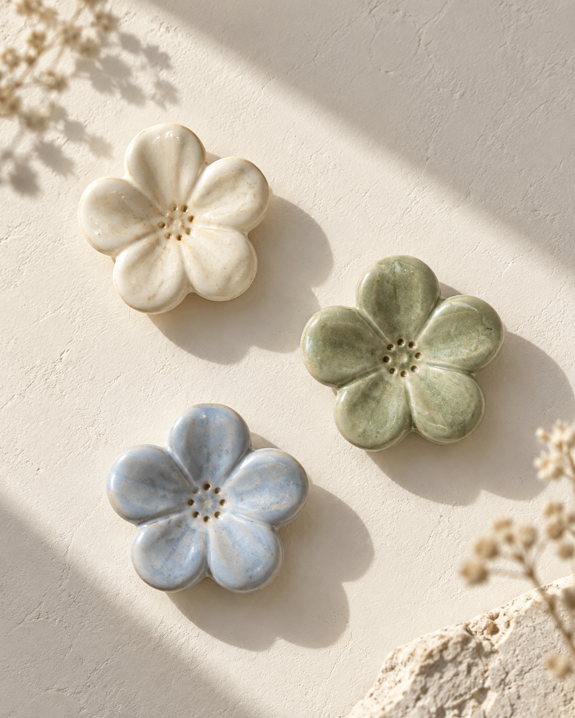 아이보리, 연두, 푸른색 꽃 모양 소품 예시